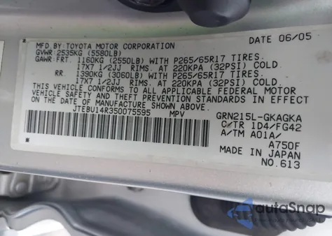 2005 Toyota 4Runner Sr5 V6 from USA, damaged, VIN JTEBU14R350075595